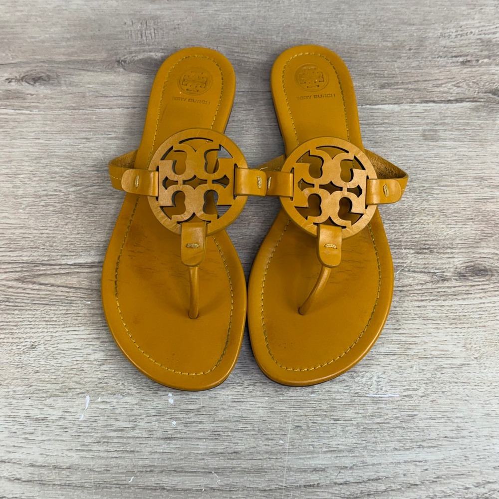 Tory Burch Miller Sandals Logo Medallion Mustard Yellow Womens 8.5
